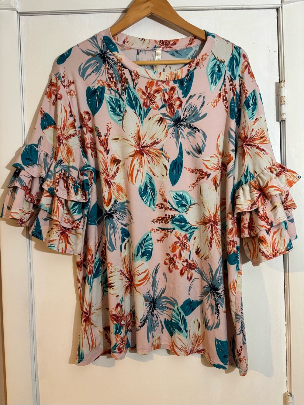 Mother Bee Maternity Floral Ruffle Sleeve Top in Pink, Teal, Rust